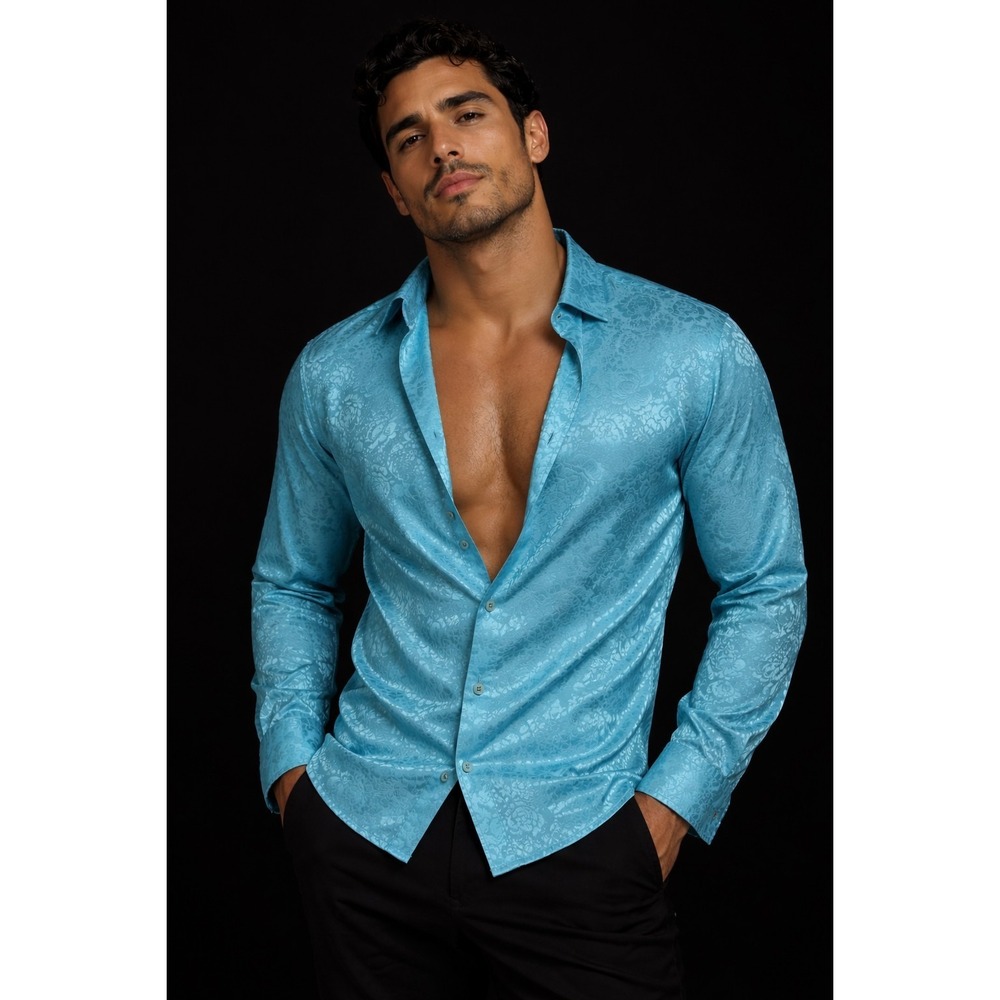 Barabas Floral Satin Shirt Sz L Light Blue Jacquard L/S Button Down Casual Club